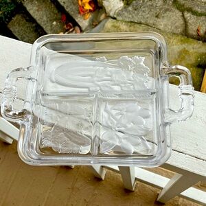 Imperial Glass Frosted Square Celery Pickles Olives Divided Handled Relish Dish